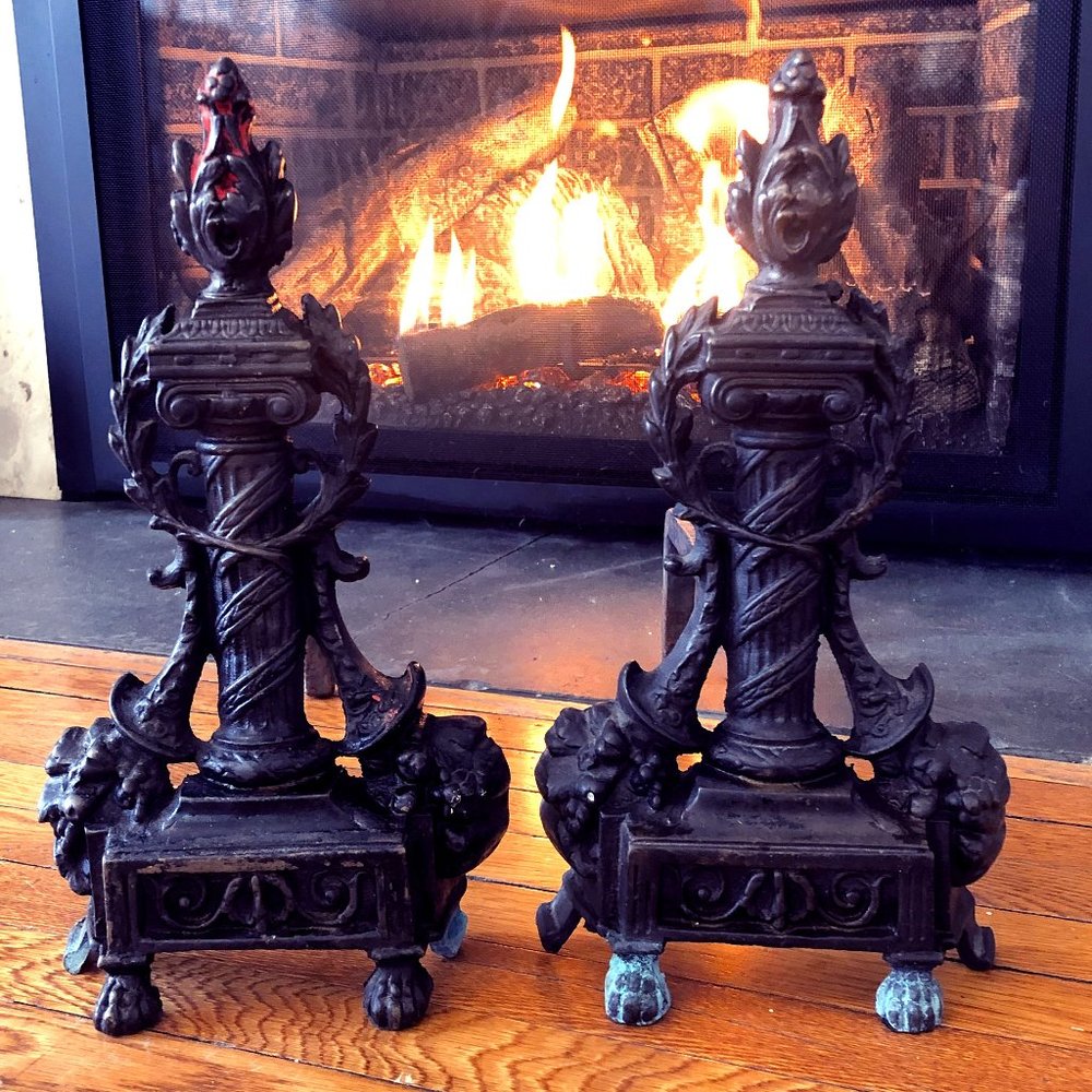 Antique Decorative Cast Iron Andirons Log Dog SET